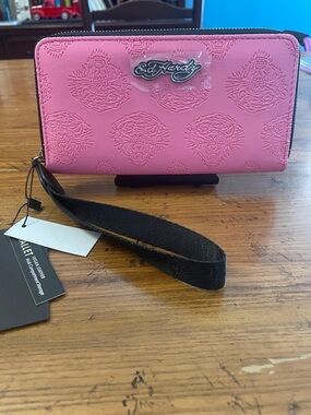 Ed Hardy Pink Embossed Zip Wallet with Wrist Strap